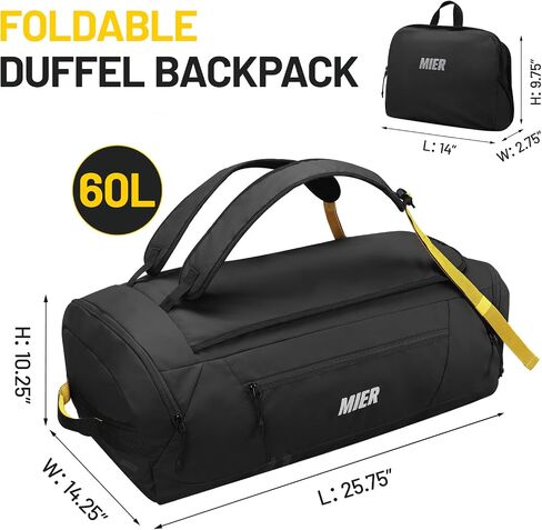 MIER Foldable Travel Duffle Backpack Lightweight Large Duffel Bag with Shoes Compartment for Traveling Camping Hiking Weekender for Men Women Water & Wear Resistant, 60L, Black in Saudi Arabia