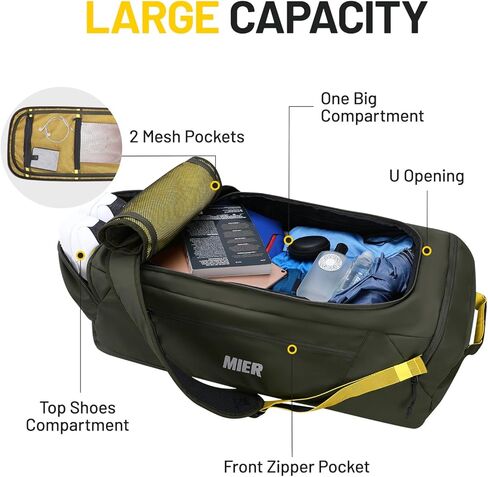 حقيبة ظهر MIER قابلة للطي للسفر وخفيفة الوزن وحقيبة كبيرة من القماش الخشن مع حجرة أحذية للسفر والتخييم والمشي لمسافات طويلة وعطلة نهاية الأسبوع للرجال والنساء ومقاومة للماء والتآكل، 60 لتر، أسود in Kuwait