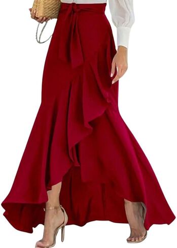 chouyatou Women's Casual Plaid Mermaid Maxi Skirt A Line Irregular Ruffle Hem Fishtail Long Skirt in Saudi Arabia