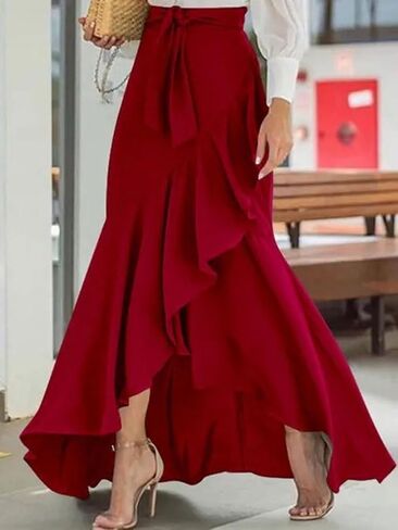 chouyatou Women's Casual Plaid Mermaid Maxi Skirt A Line Irregular Ruffle Hem Fishtail Long Skirt in Saudi Arabia