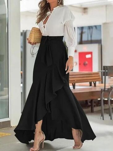 chouyatou Women's Casual Plaid Mermaid Maxi Skirt A Line Irregular Ruffle Hem Fishtail Long Skirt in Saudi Arabia