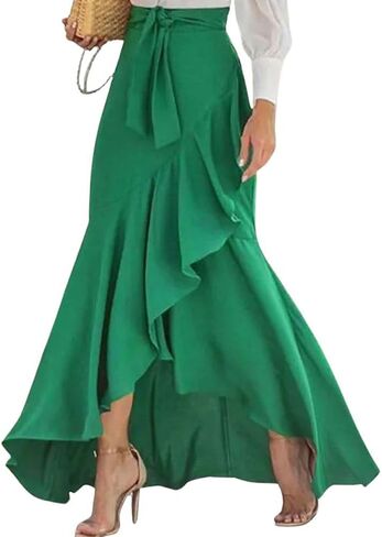 chouyatou Women's Casual Plaid Mermaid Maxi Skirt A Line Irregular Ruffle Hem Fishtail Long Skirt in Saudi Arabia