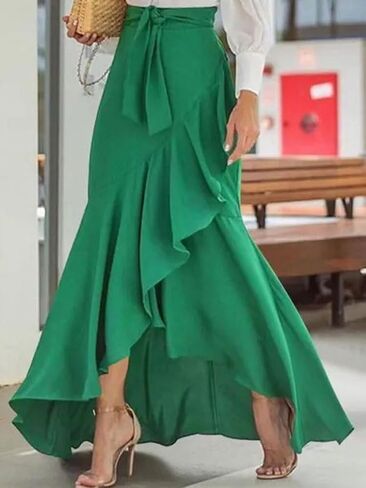 chouyatou Women's Casual Plaid Mermaid Maxi Skirt A Line Irregular Ruffle Hem Fishtail Long Skirt in Saudi Arabia