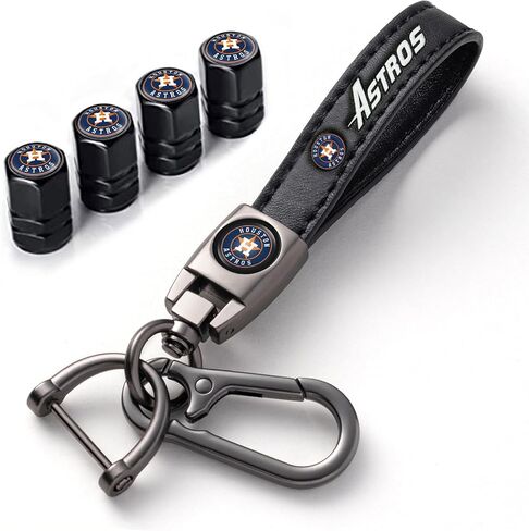 Astros Car Key Chain Keyring&Car Tire Valve Caps for Astros Fans,Huston Astros Car Keychain Key Ring/4pcs Car Tire Dust Caps Combo,Car Key Fob Holder Car Key Lanyard&Valve Caps,Baseball Fans Souvenir in Saudi Arabia
