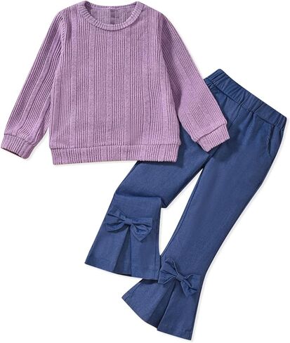 HINTINA Toddler Little Girl Fall Winter Clothes Knitted Sweatsuit Denims Bell Bottom Flared Pants Set in Kuwait
