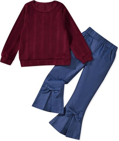 HINTINA Toddler Little Girl Fall Winter Clothes Knitted Sweatsuit Denims Bell Bottom Flared Pants Set in Kuwait