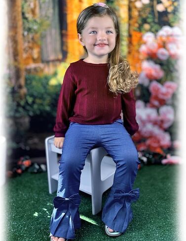 HINTINA Toddler Little Girl Fall Winter Clothes Knitted Sweatsuit Denims Bell Bottom Flared Pants Set in Kuwait