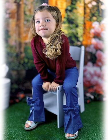 HINTINA Toddler Little Girl Fall Winter Clothes Knitted Sweatsuit Denims Bell Bottom Flared Pants Set in Kuwait