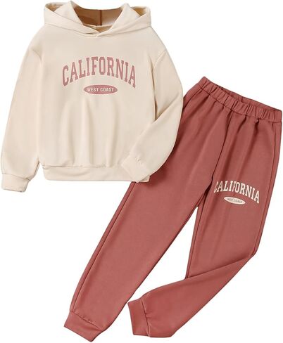 Girl's 2 Piece Outfits Letter Graphic Long Sleeve Sweatshirt Hoodie and Sweatpants Sweatsuits Sets in Saudi Arabia