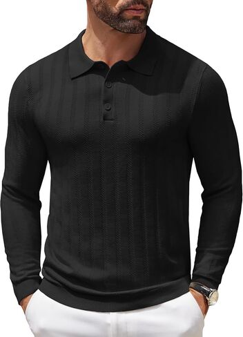 COOFANDY Men Knit Long Sleeve Polo Shirts Casual Dress Collared Sweater Pullover Button Down Golf Polo Shirts in Saudi Arabia