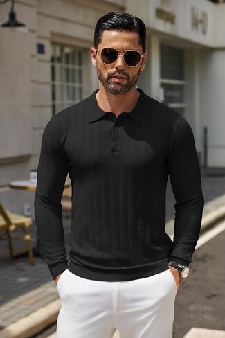 COOFANDY Men Knit Long Sleeve Polo Shirts Casual Dress Collared Sweater Pullover Button Down Golf Polo Shirts in Saudi Arabia