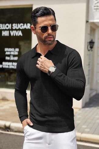 COOFANDY Men Knit Long Sleeve Polo Shirts Casual Dress Collared Sweater Pullover Button Down Golf Polo Shirts in Saudi Arabia