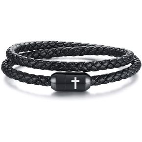 MEALGUET Men's Cross Bracelets Black Genuine Braided Double Wrap Jesus Cross Braided Leather Bracelets with Stainless Steel Clasp for Men Boyfriend,Religious Jewelry Gifts,7.6"