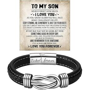 Personalized Son's Infinity Knot Bracelet Gift, To My Son/Grandson Stainless Steel Infinity Knot Leather Engraved with Love You Forever Bracelet Forever Linked Together Jewelry for Birthday Christmas