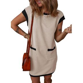 Dokotoo Women's Casual Summer Dresses Fashion Cap Sleeve Color Block Crewneck Shift Tshirt Mini Dress