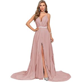 Women’s V Neck Chiffon Bridesmaid Dresses Long A Line Pleated Spaghetti Strap Formal Evening Dress