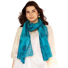NOVICA Artisan Handmade Cotton Silk Shawl Blend Wrap Patterned Accessories Shawls Blue India Block Print ' Turquoise Bihar'