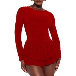 SHESEEWORLD Long Sleeve Crew Neck Bodycon Romper Back Zipper Tiered Pleated Flowy Swing Mini Short Jumpsuit
