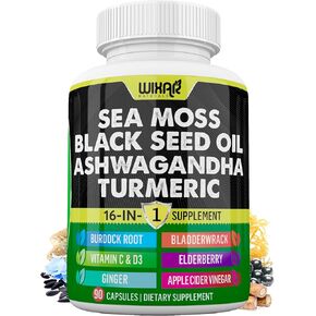 Wixar Sea Moss 3000mg Black Seed Oil 2000mg Ashwagandha 1000mg Turmeric 1000mg Bladderwrack 1000mg Burdock 1000mg & Vitamin C & D3 with Elderberry Dandelion Yellow Dock Chlorophyll ACV - 90 Capsules