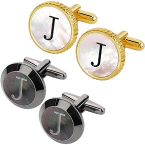 Mother of Pearl Initial Cuff Links Mens + Cuff Links Bundle, Suitable for Wedding Anniversary Business Professional and Best Gift