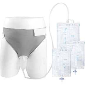Wearable Urine Collector with 1000ml*2 & 2000ml*1 Urine Collection Bags 1M Catheter and Dual Capacity Bags, Includes Breathable Cotton Pants Leak Proof Anti Reflux for Men Grey