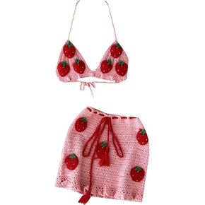 Womens Summer Crochet Halter Crop Tops Boho Bikini Skirt 2 Piece Sets Swimsuit Cute Strawberry Beach Vacation Outfits