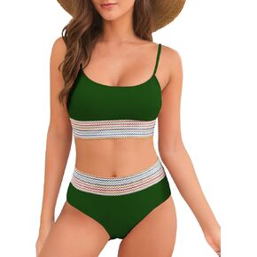 Buauty Bikini Sets for Womens Tummy Control Swimsuits High Waisted Two Piece Bathing Suits Color Block Spaghetti Straps 2024