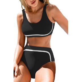 Leoparts Women's Two Piece High Waisted Swimsuits Sporty Color Block Scoop Neck Bikini Set Bathing Suit