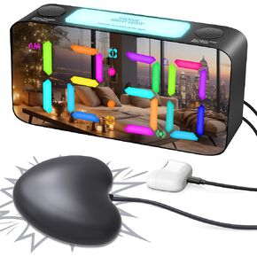 Extra Loud RGB Alarm Clock for Heavy Sleeper Hearing Impaired Deaf Bedroom, Rainbow Vibrating Dual Alarm with Bed Shaker,Large Mirror Screen & 4 Dimmer,7-Color Night Light,USB Charger,Power-Off Memory