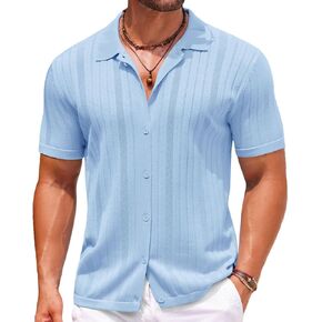 COOFANDY Mens Knit Button Down Shirts Crochet Polo Shirts Vintage Short Sleeve Textured Shirts Summer Beach Tops