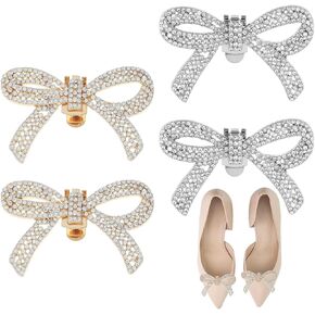 4 Pack Rhinestone Shoe Clips Detachable Bow Shoe Charms Clips Sparkling Heels Shoe Accessories Classic Bling Crystal Shoe Buckle Decoration for Women Bridal Wedding Party Sneakers
