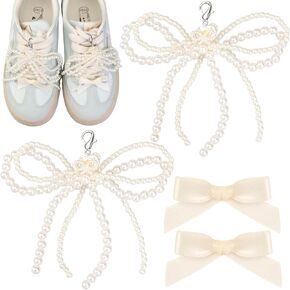 4 Pcs Pearls Bowknot Shoe Charms for Sneakers, DIY Elegant Bow Shoe Decoration Charms for Laces, Shoe Jewelry Pearl Beaded Chain Shoe Accessories for Women Gift