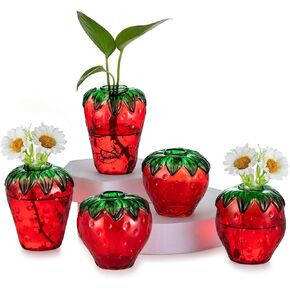 Hewory Cute Strawberry Vase for Flowers: Unique Glass Strawberry Decor for Home Kitchen Bathroom Office - Small Vases Eclectic Room Decor