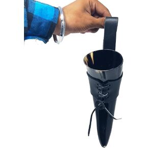 Buddha4all Handcrafted Authentic Viking Drinking Horn With Leather Holder Tankard for Beer Mead Ale Medieval Inspired Game of Thrones (Shoulder Trap)