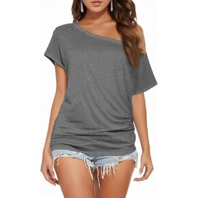 Buauty Womens Summer Off Shoulder Tops Casual Loose Short Sleeve T Shirts One Shoulder Tops White Trendy Sexy Cute Tunic Tee