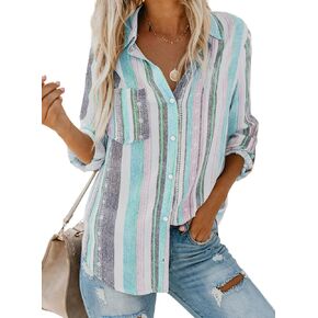Astylish Women V Neck Striped Roll up Sleeve Button Down Blouse Tops