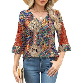 Rapbin 3/4 Length Sleeve Womens Tops Summer Lace Ruffles Sleeve T Shirts V-Neck Dressy Casual Trendy Tunic Blouses in Kuwait