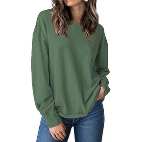 UEU Womens Long Sleeve Tops Crew Neck Casual Oversized Cotton Shirts Blouses Tshirt Tee 2024 Fall Trendy Clothes with Pockets