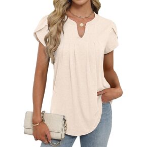Bluetime Womens Tunic Tops Summer Dressy Casual Blouses V Neck Short Petal Sleeve T-Shirts Front Pleated Shirts for Leggings