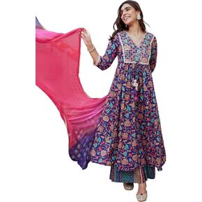 Janasya Indian Women's Purple Cotton Embellished Ethnic Printed Kurta with Flared Palazzo and Dupatta