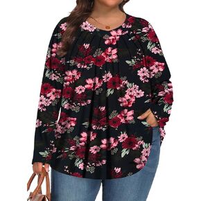 Tencede Womens Plus Size Tops Long Sleeve Shirts V Neck Tunic Blouses 1X-5X