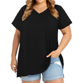 JOELLYUS Plus Size Tops for Women Summer Top Loose Fit Tee Shirts V Neck Short Sleeve Blouse