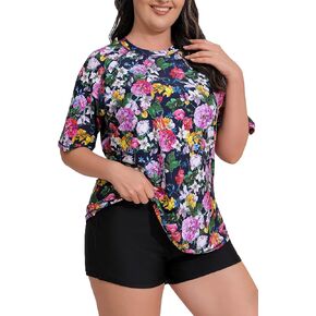 Women's Plus Size Two Piece Short Sleeve Rash Guard Sets with Built in Bra UPF50+ Swim Shirt Top and Shorts