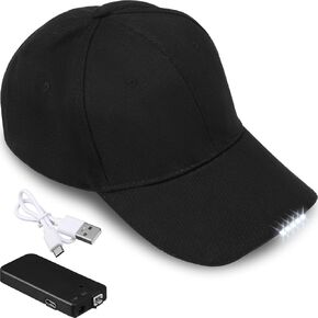 Coume LED Baseball Cap Rechargeable Baseball Cap with USB Cable and Battery, Full Cotton Adjustable Light Hat for Fishing Jogging Camping Hand Work Black