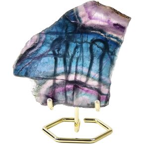 AMOYSTONE Colorful Fluorite Stone Plate Healing Crystal Slices Color Fluorite Stone Pieces Office Home Decor Reiki Healing Gifts with Stand 0.8-1.1 Pound