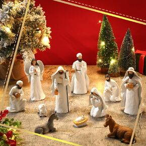 11 Pcs Nativity Set for Christmas Resin Christmas Nativity Figurine Xmas Tabletop Scenes Figures White Nativity Set with Three Wisemen Plus Angel Baby Jesus for Christmas Indoor Decoration