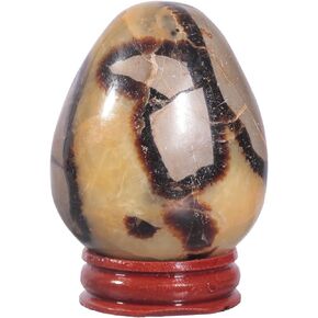 SUNYIK Natural Septarian Dragon Crystal Egg with Wooden Stand, Polished Oval Stone Egg Feng Shui Decoration Home Office Specimen for Easter Day, 1.18-1.57"