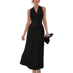 KEOMUD Women Summer Suiting 2 Piece Outfits Button V Neck Sleeveless Suit Vest and High Waist Maxi Pleated Skirt Set