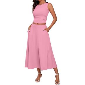 Riyiper Women's 2 Piece Skirt Sets Casual Summer Crew Neck Ribbed Cropped Tank Top High Waisted Midi Skirts