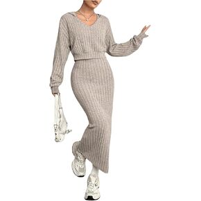 طقم سويت شيرت نسائي بغطاء للرأس مكون من قطعتين من MakeMeChic ومتماسك برقبة على شكل حرف V ومجموعة فستان Bodycon in Kuwait